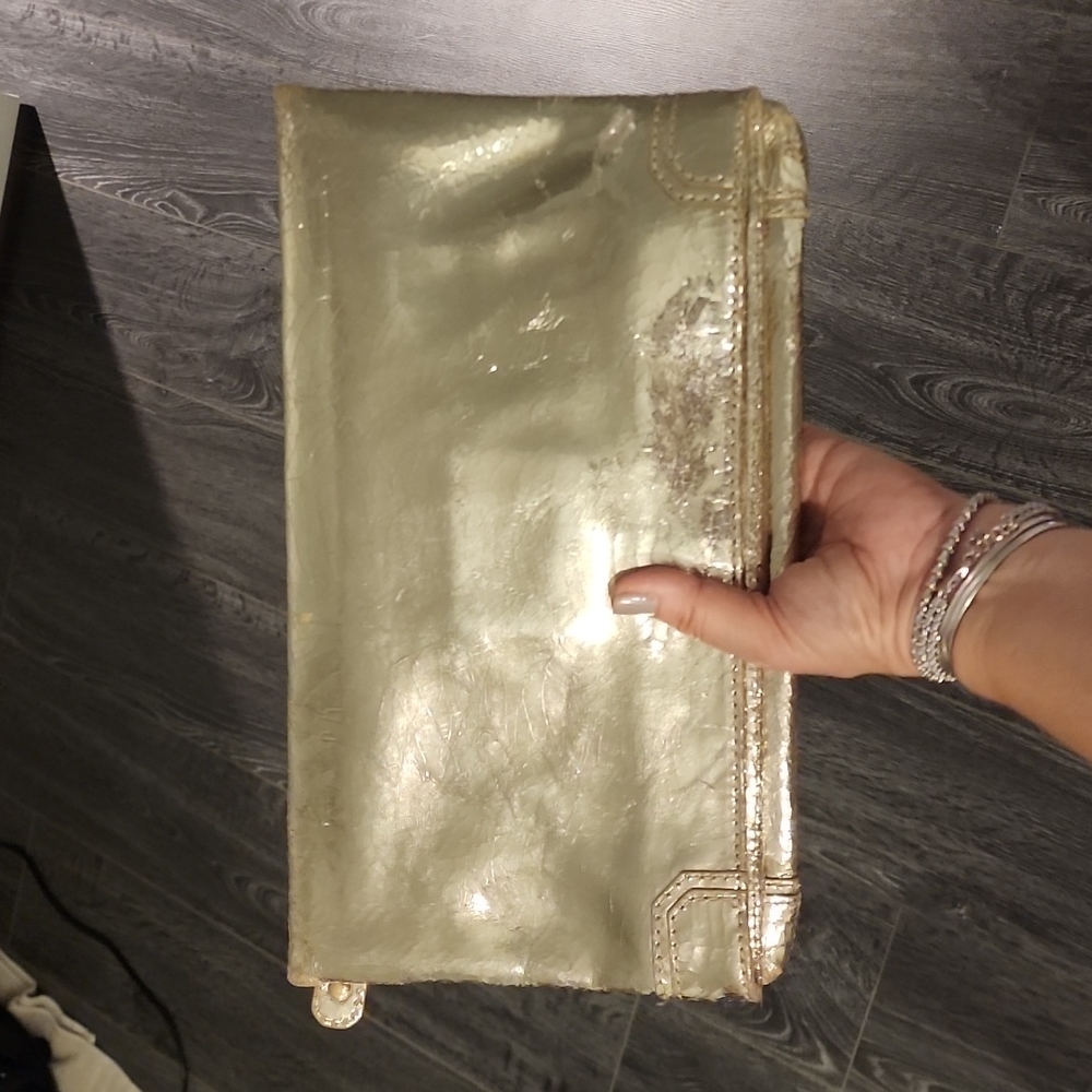Alice and olivia distressed gold leather evening clutch